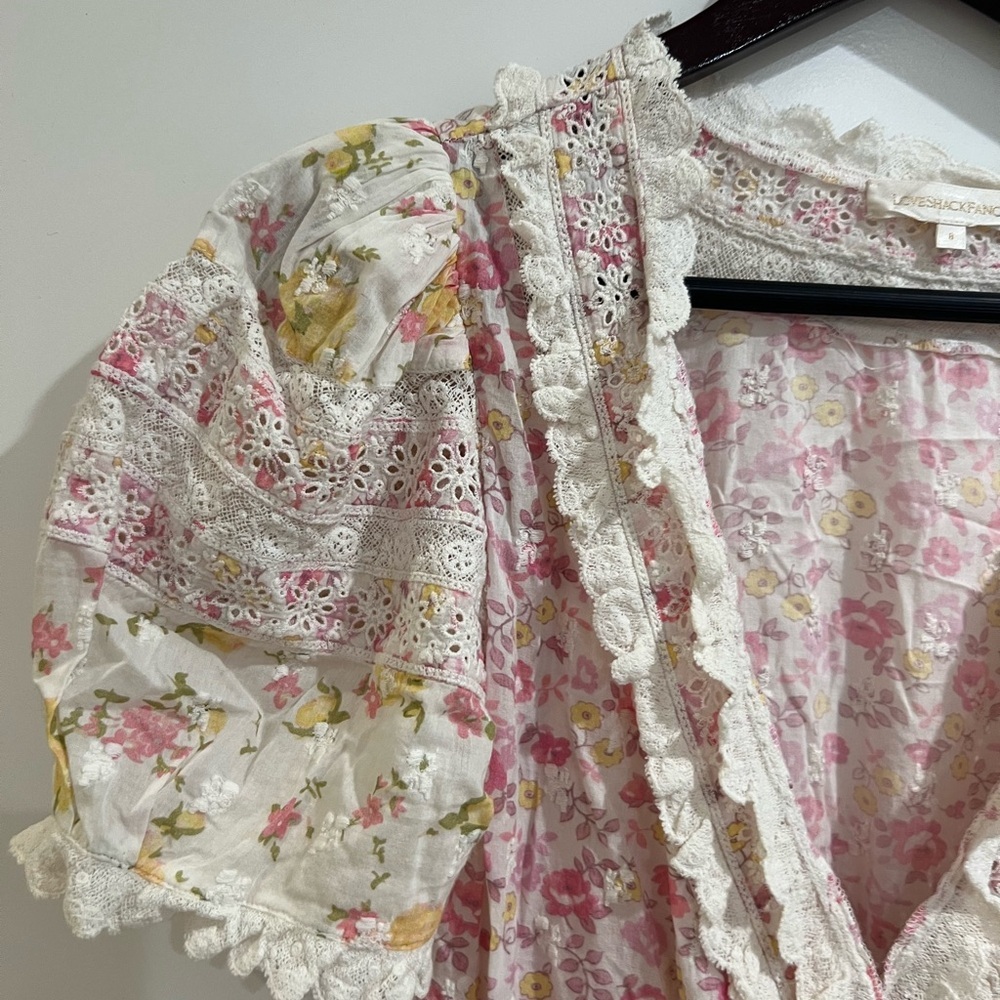 LoveShackFancy Belen Floral Eyelet Mini Dress | Size 8 Pink Yellow Floral - Picture 7 of 9